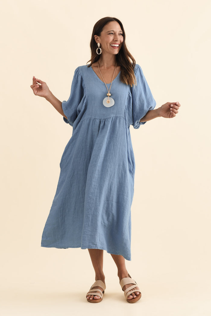 Claudine Steel Linen Pocket Dress,Brunette model,alt text|model:Cara