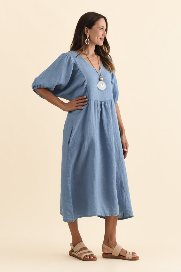Claudine Steel Linen Pocket Dress,Brunette model,alt text|model:Cara