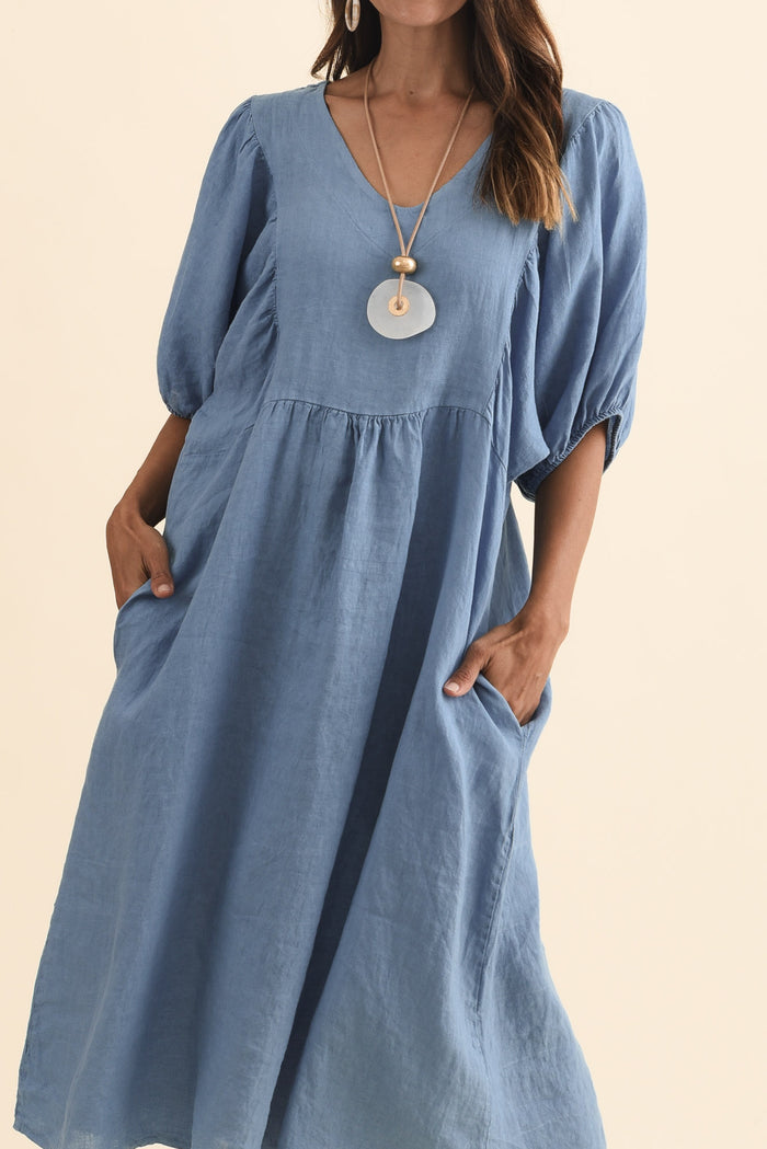 Claudine Steel Linen Pocket Dress,Brunette model,alt text|model:Cara