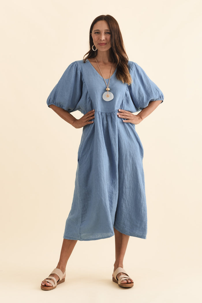 Claudine Steel Linen Pocket Dress,Brunette model,alt text|model:Cara