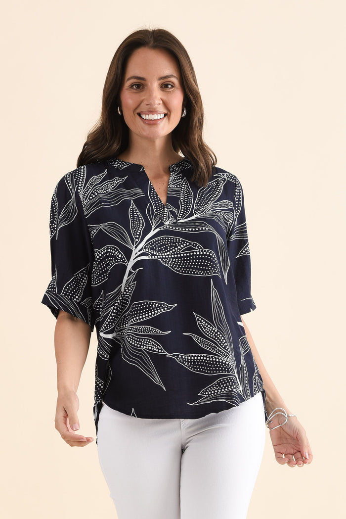 Clements Navy Leaf V Neck Top,Front,Brunette model,alt text|model:MJ