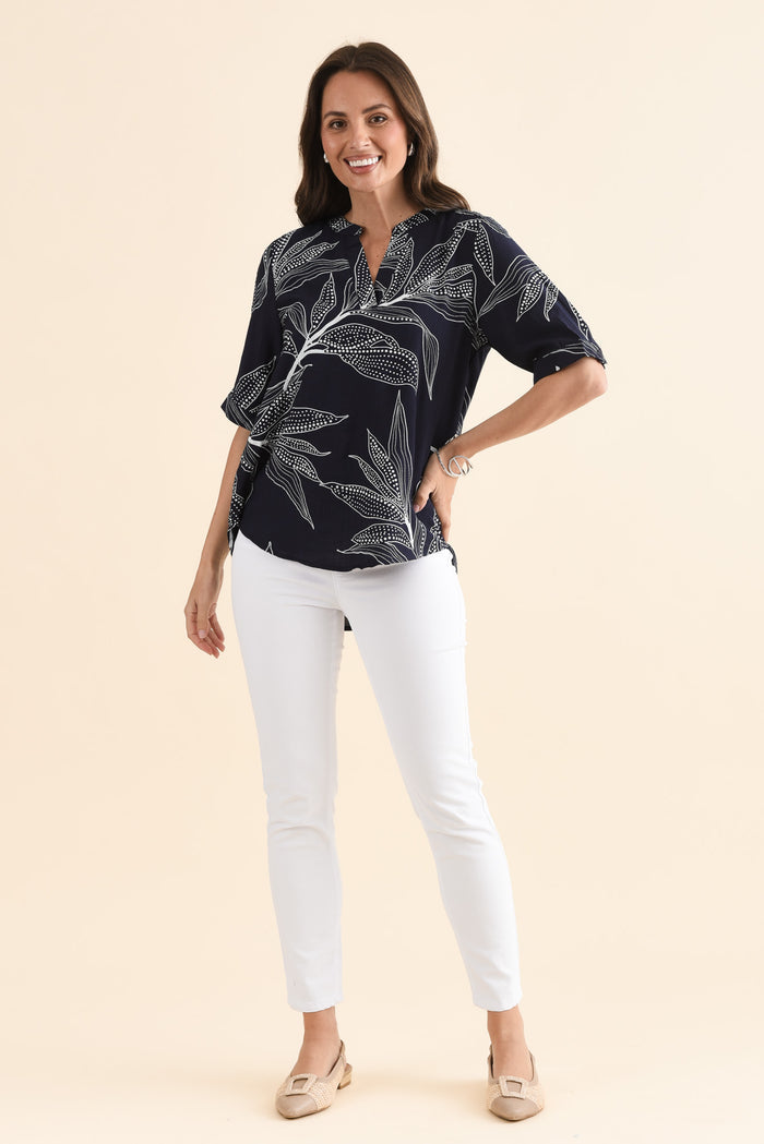 Clements Navy Leaf V Neck Top,Full Body,Brunette model,alt text|model:MJ
