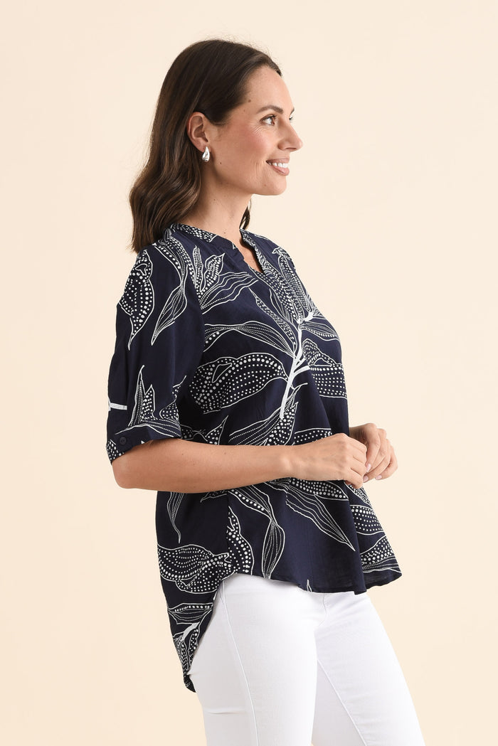 Clements Navy Leaf V Neck Top,Side,Brunette model,alt text|model:MJ