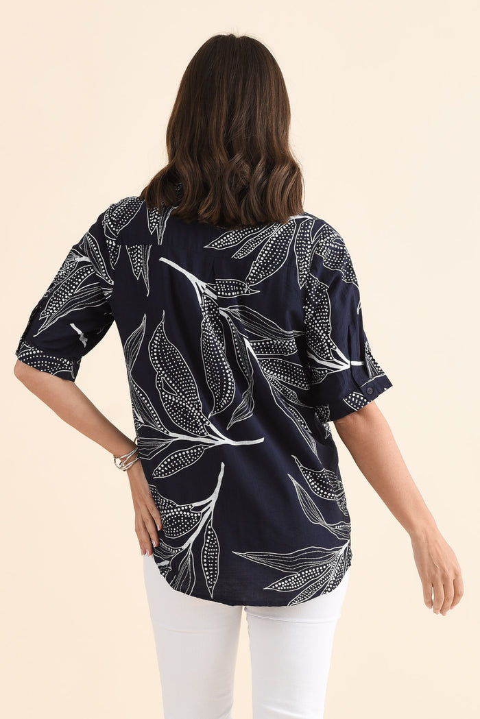 Clements Navy Leaf V Neck Top,Back,Brunette model,alt text|model:MJ