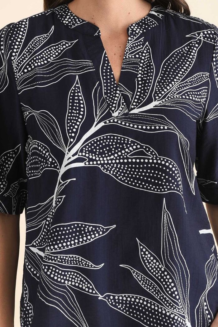 Clements Navy Leaf V Neck Top,Detail,Brunette model,alt text|model:MJ
