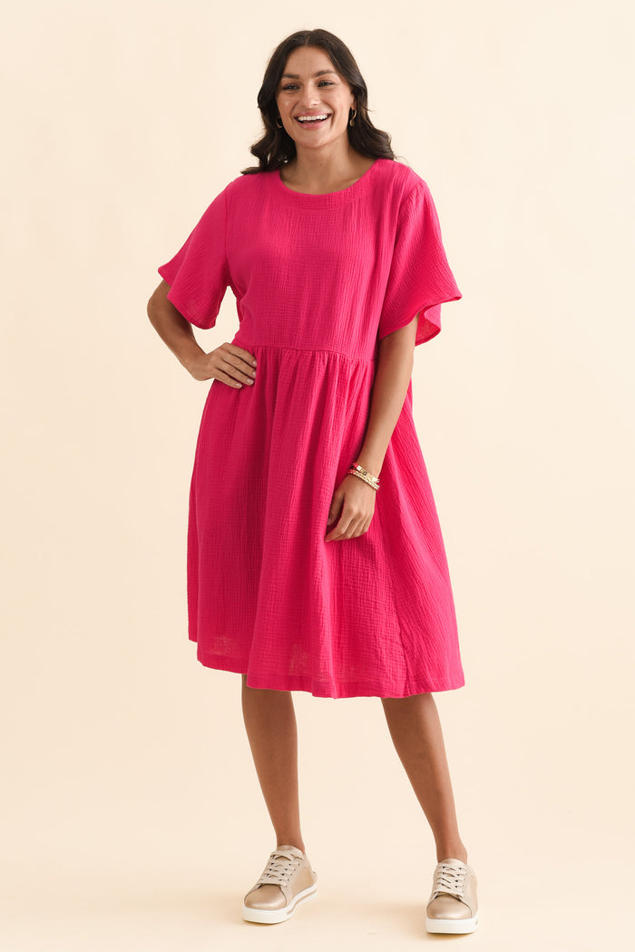 Cloud Gauze Pink Cotton Pocket Dress,Brunette model,alt text|model:Brontie