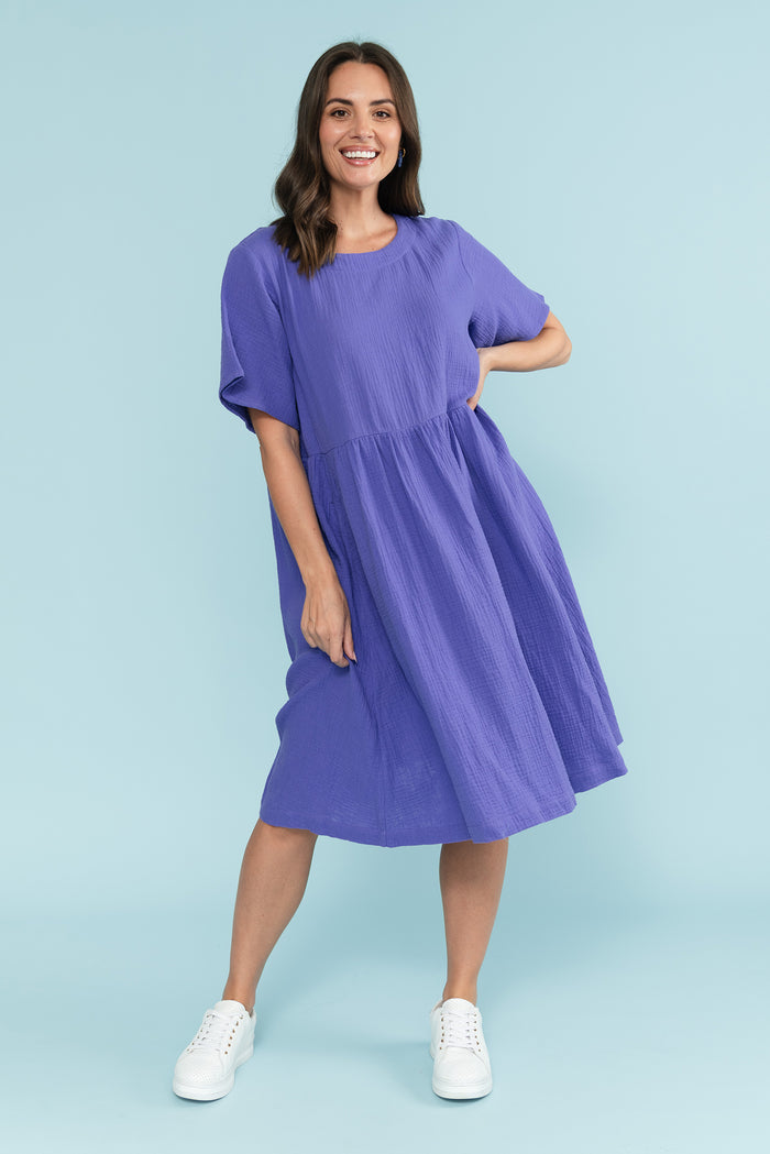 Cloud Gauze Purple Cotton Pocket Dress,Lifestyle