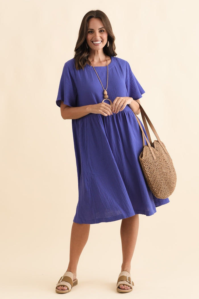 Cloud Gauze Purple Cotton Pocket Dress,Brunette model,alt text|model:MJ