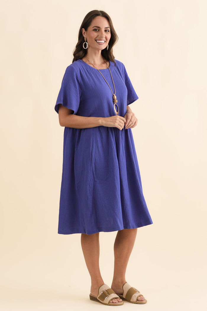 Cloud Gauze Purple Cotton Pocket Dress,Brunette model,alt text|model:MJ