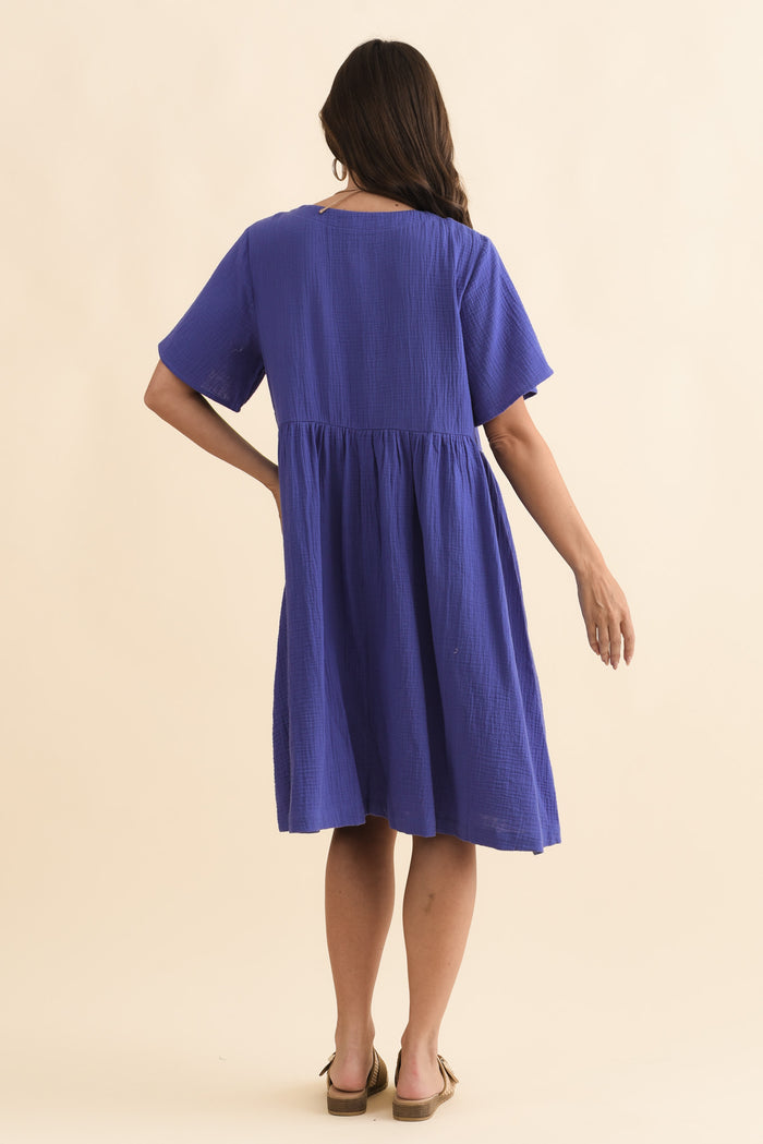 Cloud Gauze Purple Cotton Pocket Dress,Brunette model,alt text|model:MJ