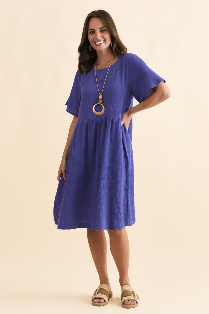 Cloud Gauze Purple Cotton Pocket Dress,Brunette model,alt text|model:MJ