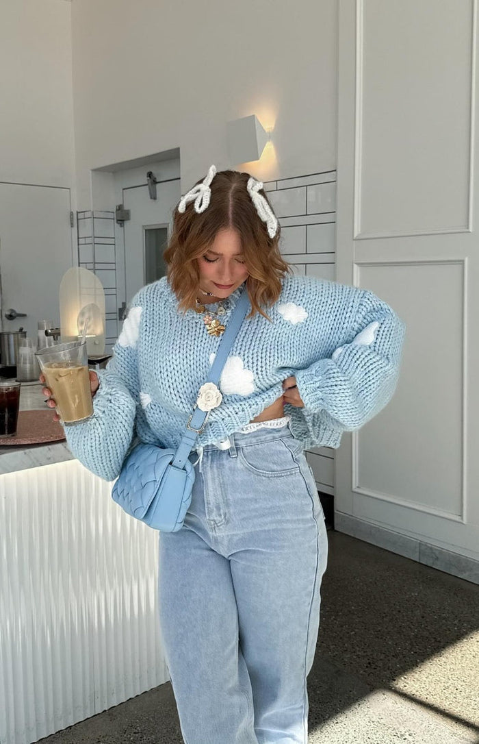 Beginning Boutique Cloudy Cloud Blue Knit Sweater cloud blue chunky knit sweater with white cloud appliques and long sleeves