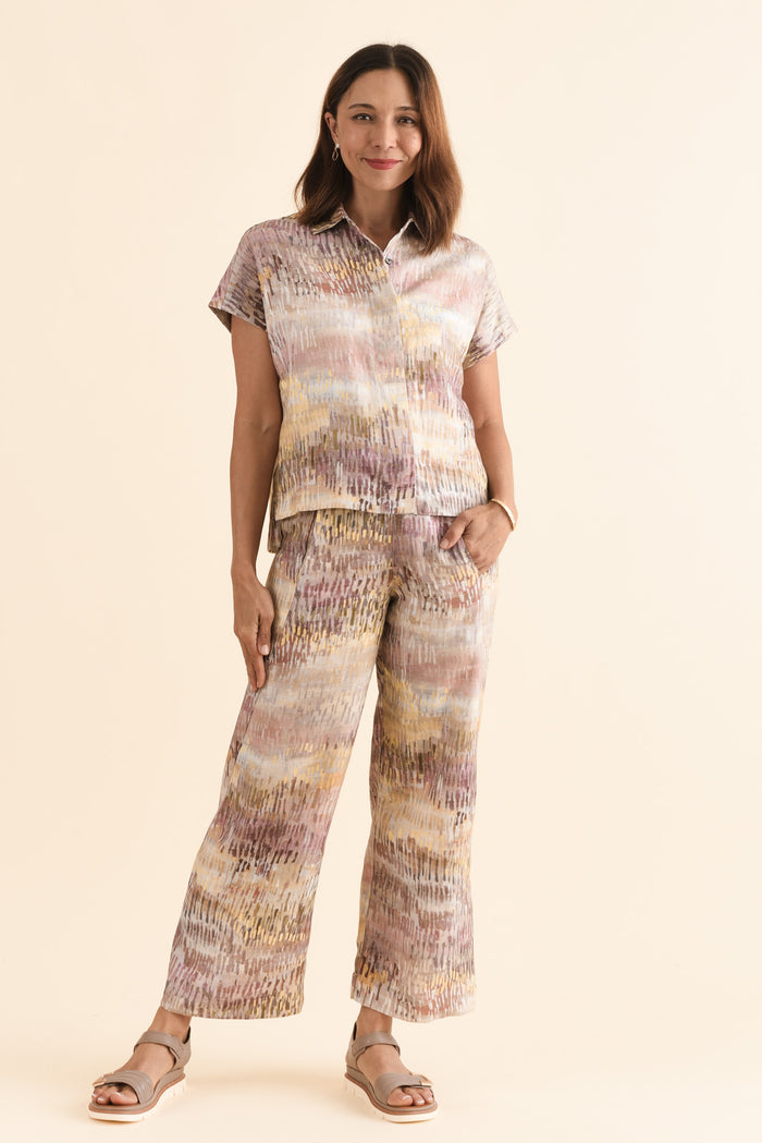 Clover Yellow Abstract Linen Shirt,Full Body,Brunette model,alt text|model:Cara