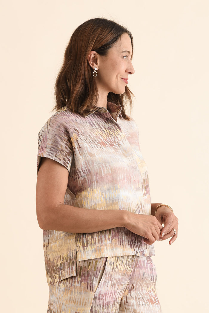 Clover Yellow Abstract Linen Shirt,Side,Brunette model,alt text|model:Cara