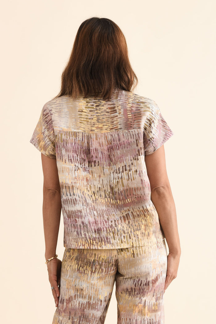 Clover Yellow Abstract Linen Shirt,Back,Brunette model,alt text|model:Cara