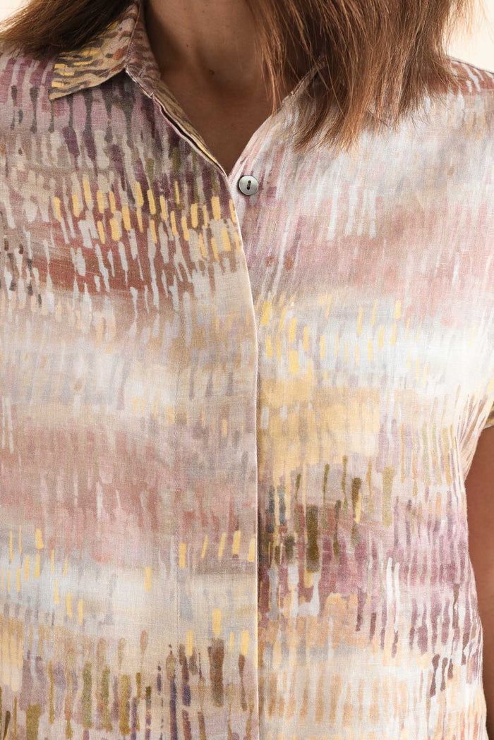 Clover Yellow Abstract Linen Shirt,Detail,Brunette model,alt text|model:Cara