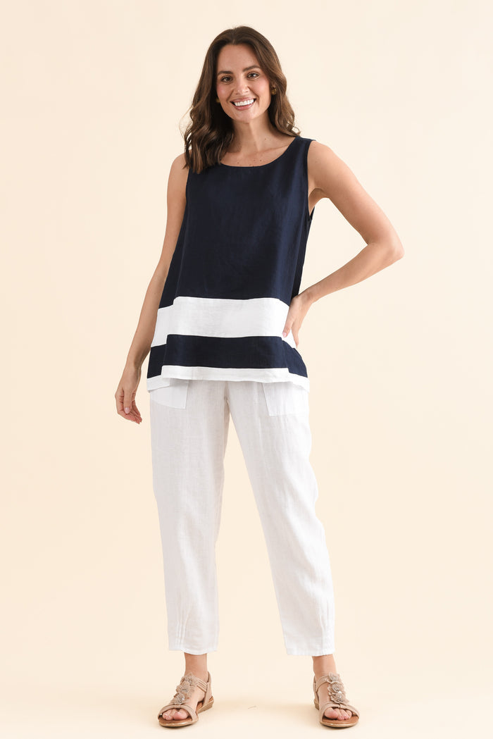 Cobie Navy Contrast Linen Top,Full Body,Brunette model,alt text|model:MJ