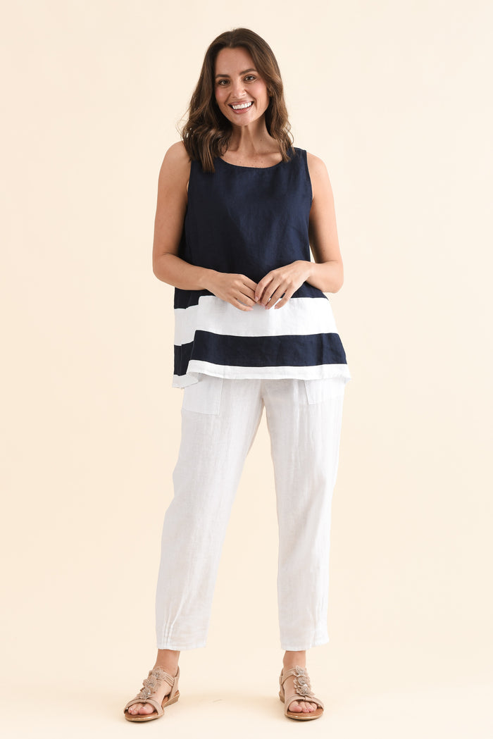 Cobie Navy Contrast Linen Top,Full Body,Brunette model,alt text|model:MJ