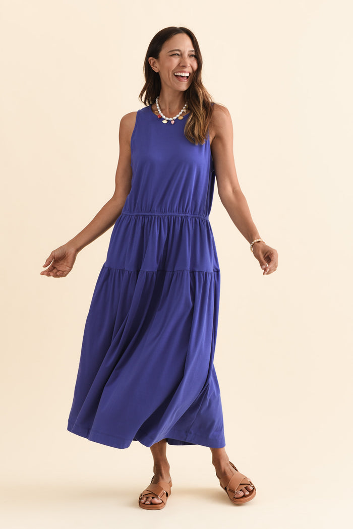 Coco Blue Cotton Tier Dress,Brunette model,alt text|model:Cara