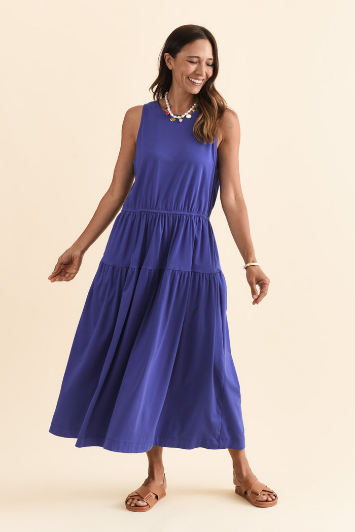 Coco Blue Cotton Tier Dress,Brunette model,alt text|model:Cara