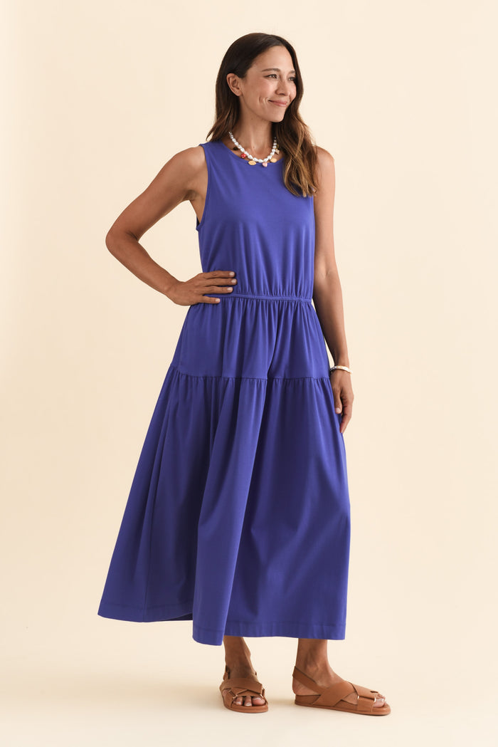 Coco Blue Cotton Tier Dress,Brunette model,alt text|model:Cara
