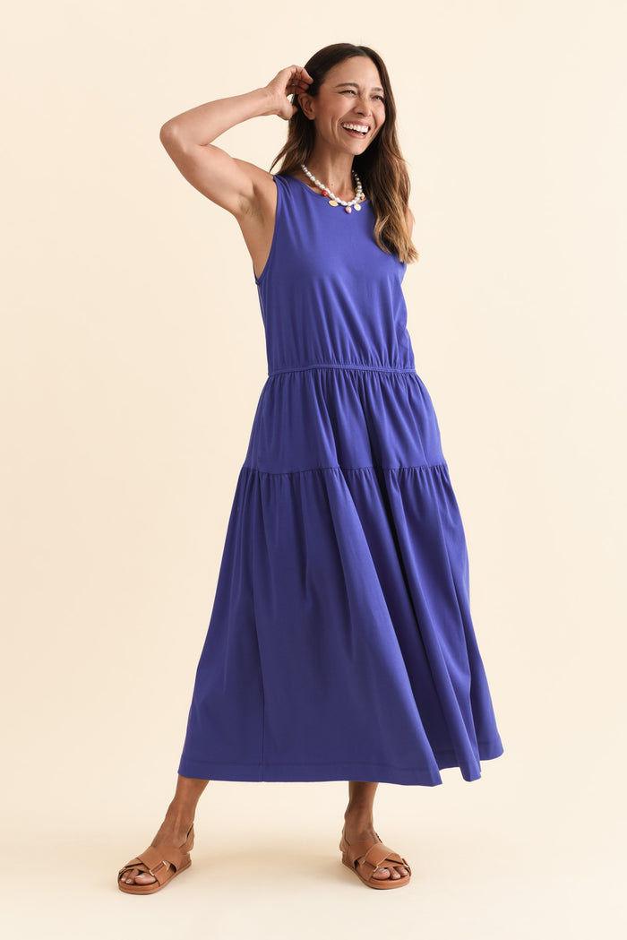 Coco Blue Cotton Tier Dress,Brunette model,alt text|model:Cara