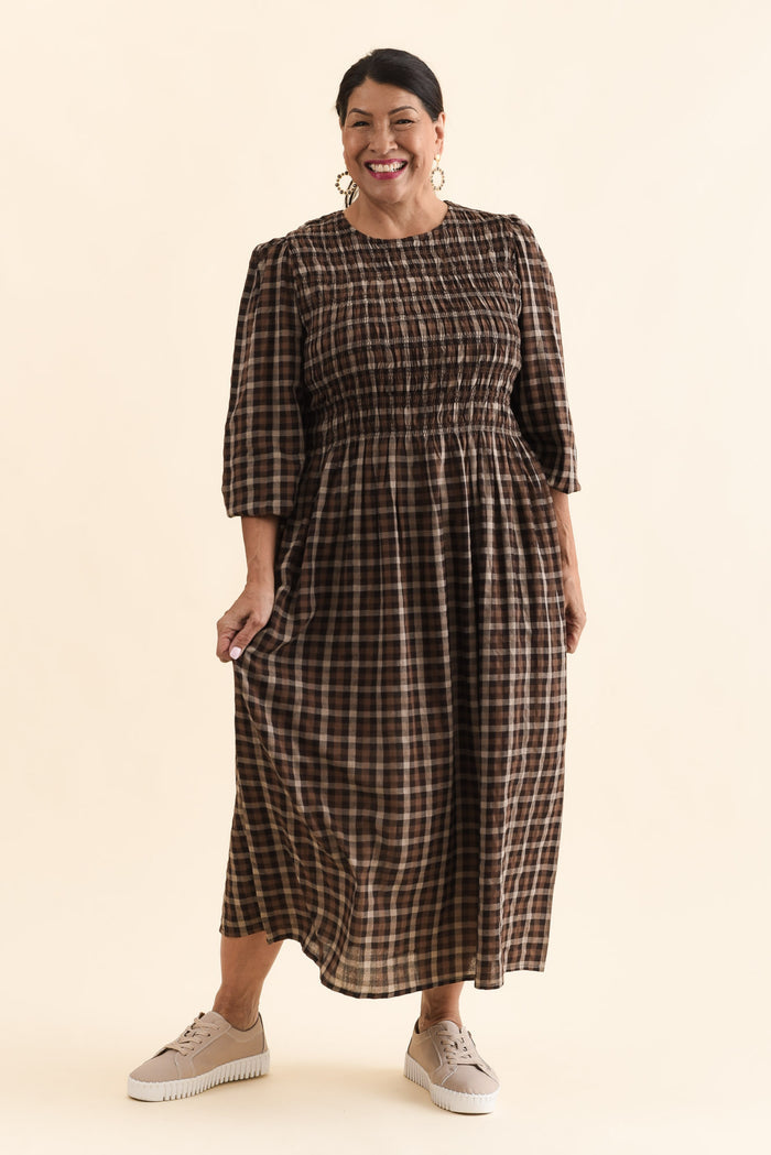 Coco Chocolate Check Cotton Dress,Front,Brunette model,alt text|model:Pilita