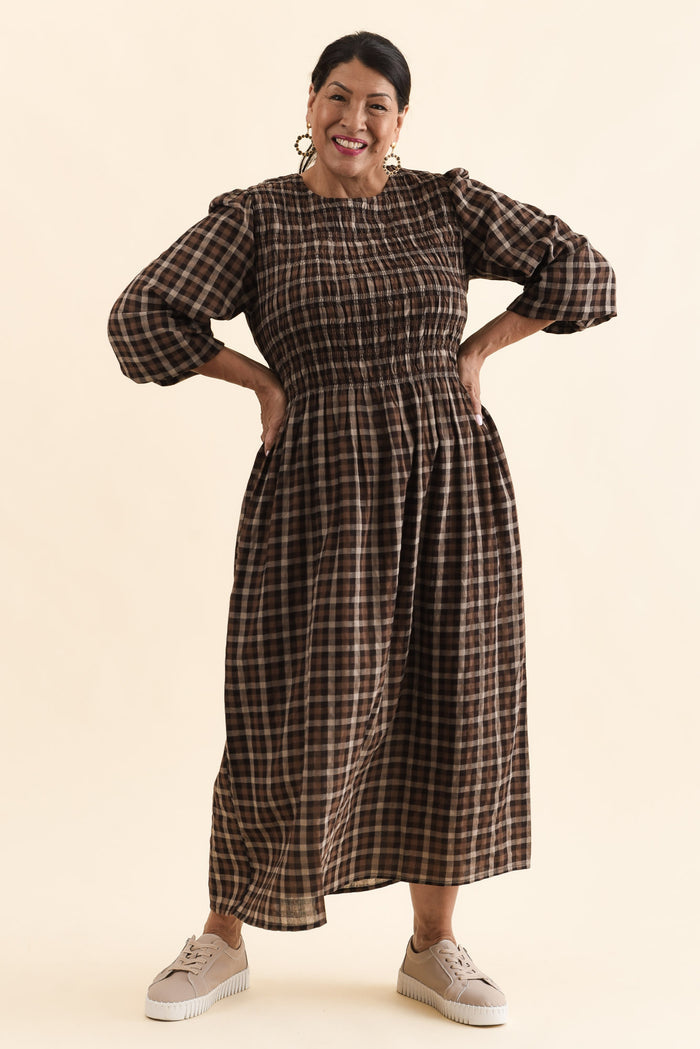 Coco Chocolate Check Cotton Dress,Full Body,Brunette model,alt text|model:Pilita