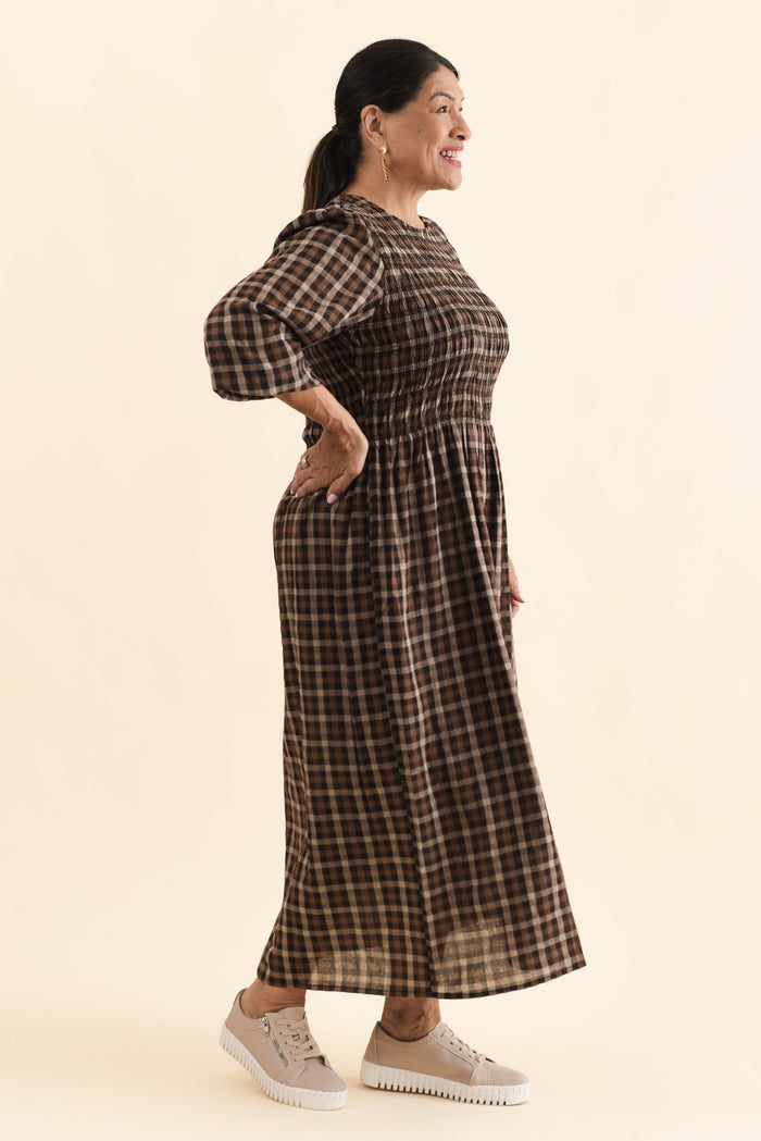Coco Chocolate Check Cotton Dress,Side,Brunette model,alt text|model:Pilita