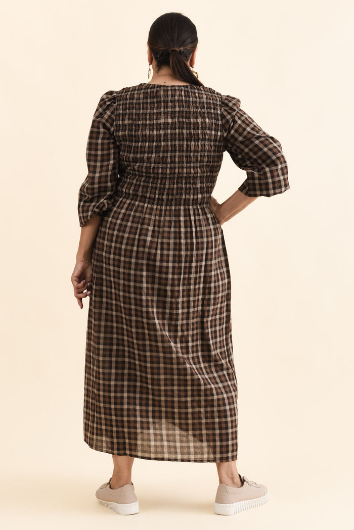 Coco Chocolate Check Cotton Dress,Back,Brunette model,alt text|model:Pilita
