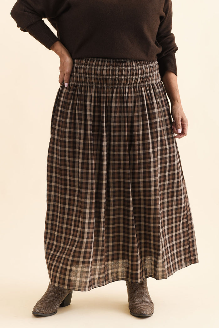 Coco Chocolate Check Cotton Skirt,Front,Brunette model,alt text|model:Pilita