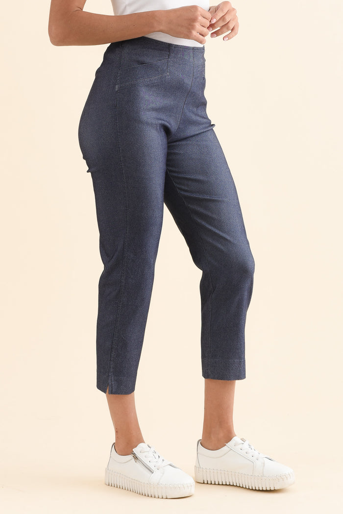 Cody Blue Denim Stretch Capri Pants,Side,Brunette model,alt text|model:Brontie