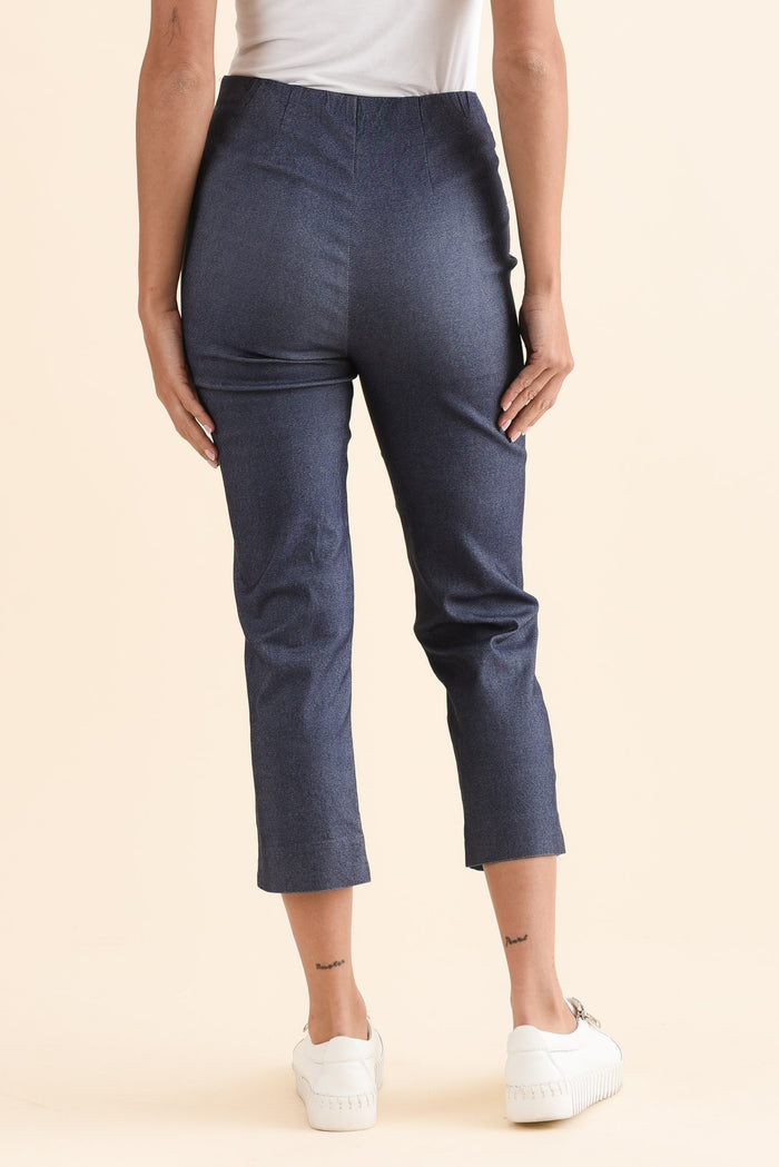 Cody Blue Denim Stretch Capri Pants,Back,Brunette model,alt text|model:Brontie