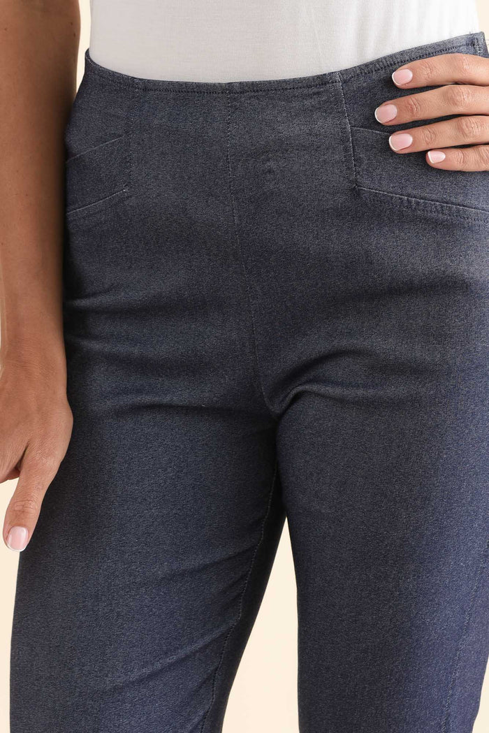 Cody Blue Denim Stretch Capri Pants,Detail,Brunette model,alt text|model:Brontie