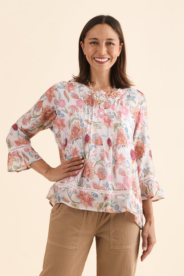 Coleman Pink Blossom Button Top,Front,Brunette model,alt text|model:Cara