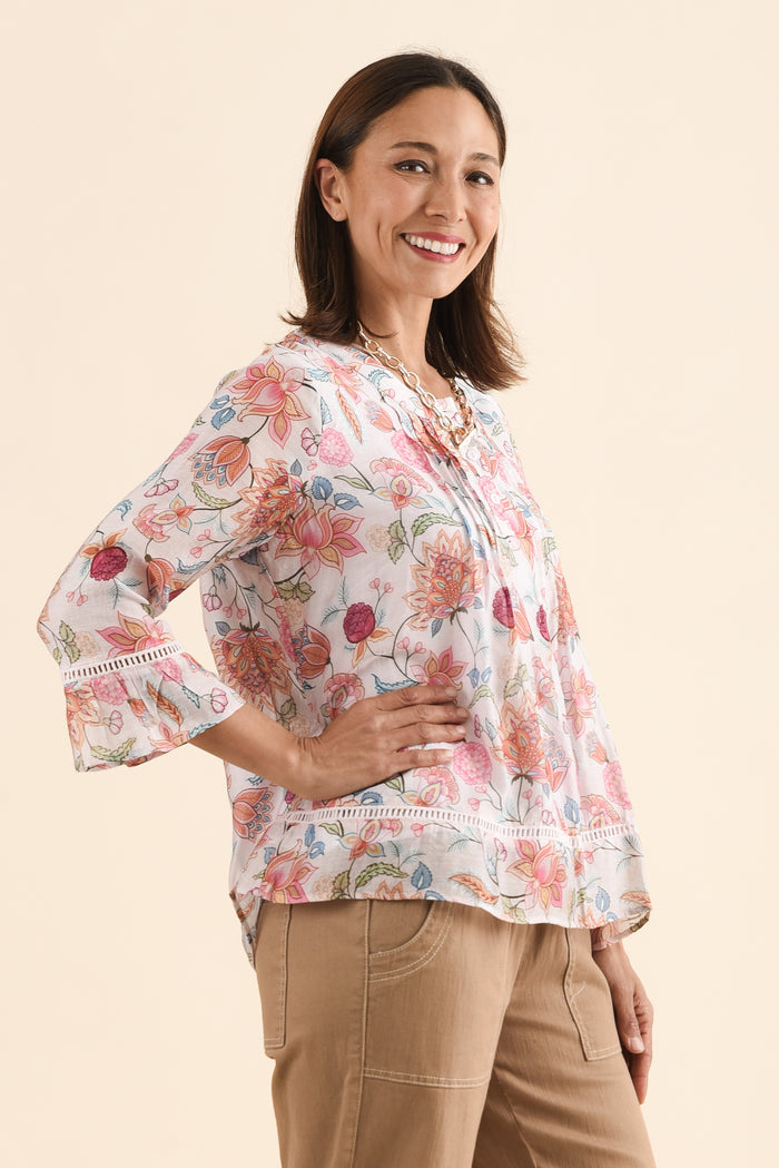 Coleman Pink Blossom Button Top,Side,Brunette model,alt text|model:Cara