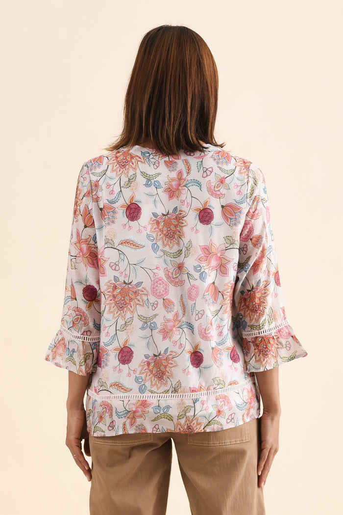 Coleman Pink Blossom Button Top,Back,Brunette model,alt text|model:Cara