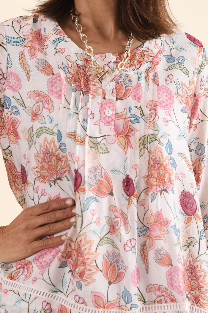 Coleman Pink Blossom Button Top,Detail,Brunette model,alt text|model:Cara