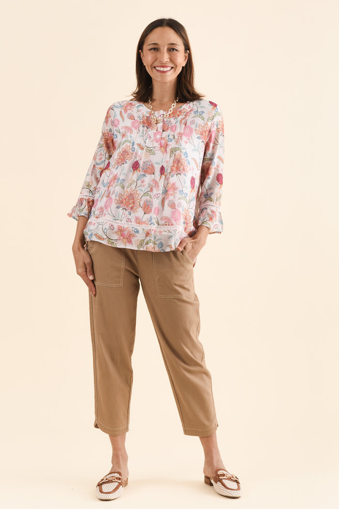 Coleman Pink Blossom Button Top,Full Body,Brunette model,alt text|model:Cara