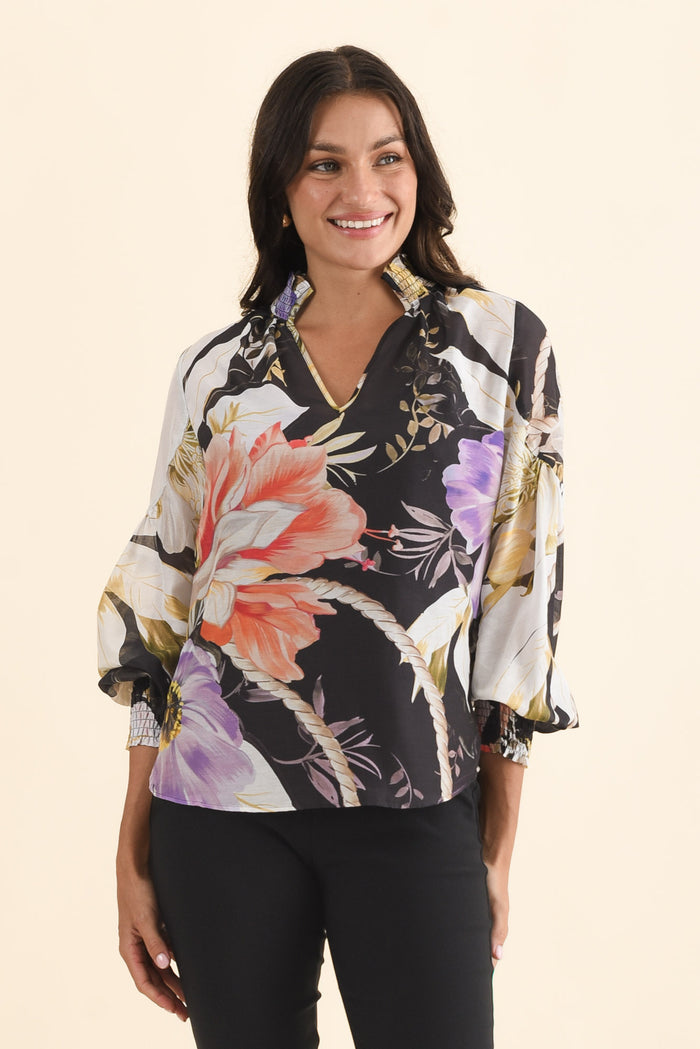 Colette Black Floral Cotton Silk Blouse,Brunette model,alt text|model:Brontie