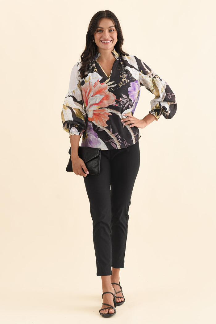Colette Black Floral Cotton Silk Blouse,Brunette model,alt text|model:Brontie