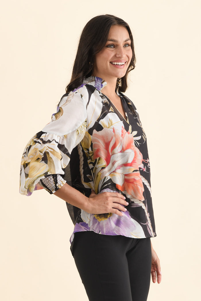 Colette Black Floral Cotton Silk Blouse,Brunette model,alt text|model:Brontie