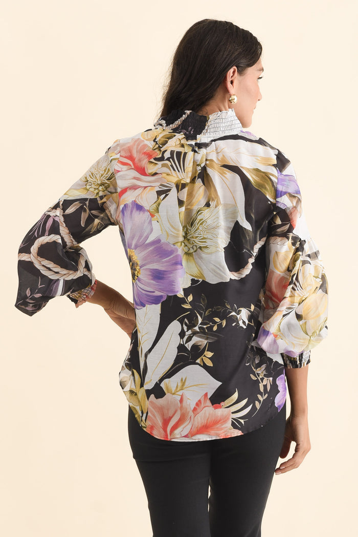 Colette Black Floral Cotton Silk Blouse,Brunette model,alt text|model:Brontie