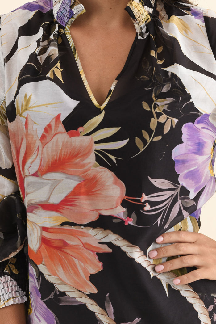 Colette Black Floral Cotton Silk Blouse,Brunette model,alt text|model:Brontie