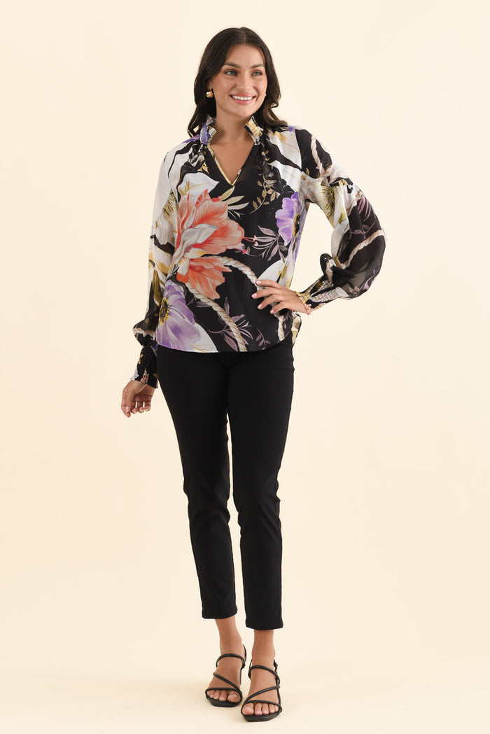 Colette Black Floral Cotton Silk Blouse,Brunette model,alt text|model:Brontie