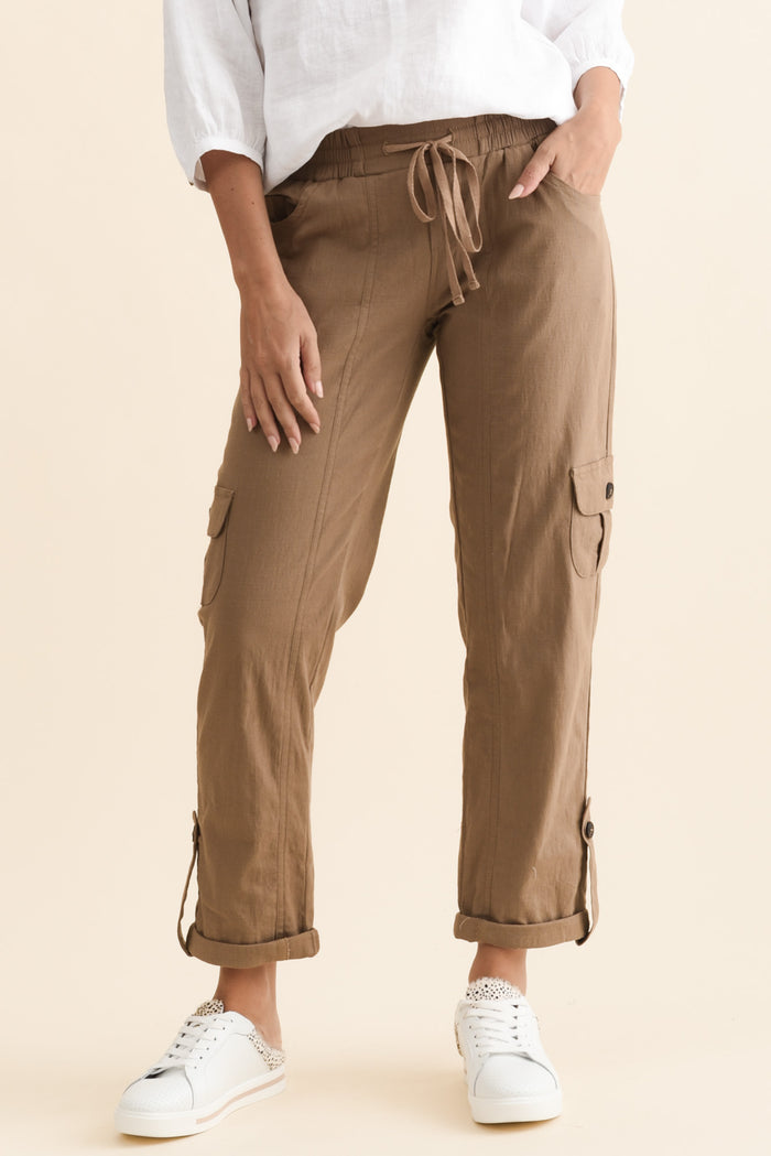 Colette Taupe Cargo Pants,Brunette model,alt text|model:MJ