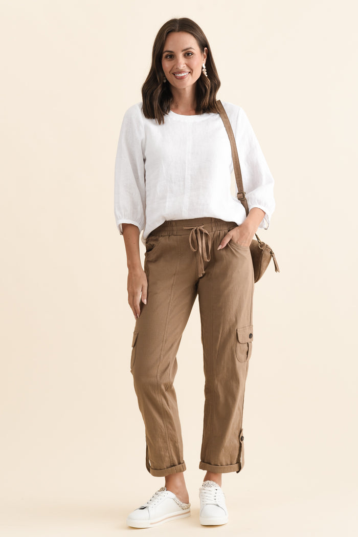 Colette Taupe Cargo Pants,Brunette model,alt text|model:MJ