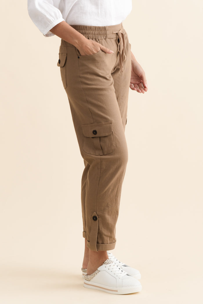 Colette Taupe Cargo Pants,Brunette model,alt text|model:MJ