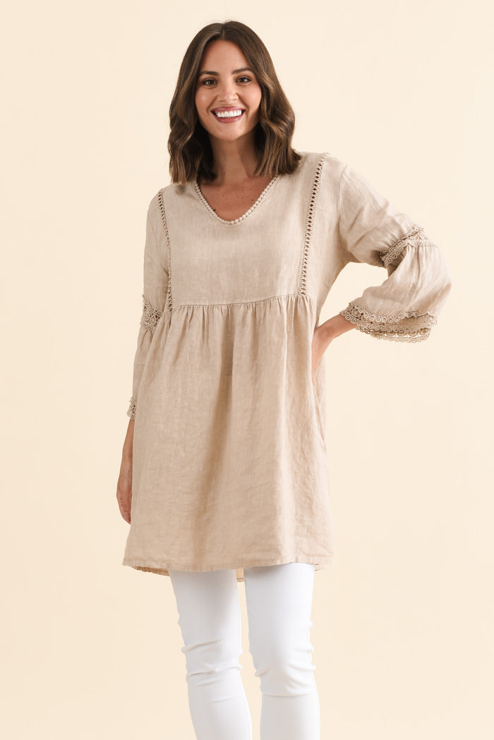 Conrad Beige Linen Lace Top,Brunette model,alt text|model:MJ