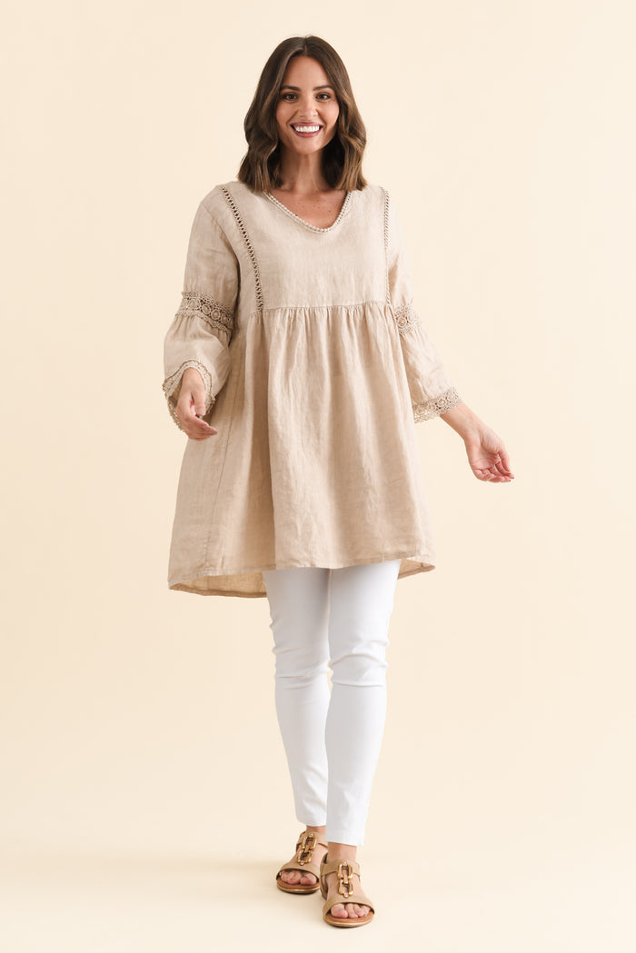 Conrad Beige Linen Lace Top,Brunette model,alt text|model:MJ